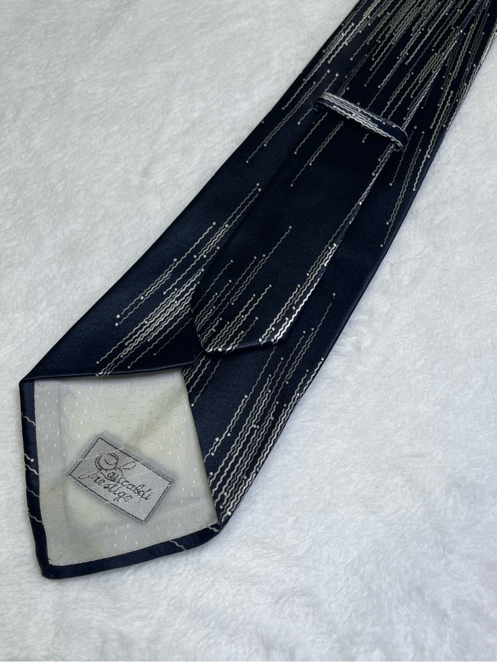 Pancaldi Prestige Silk Tie Navy Blue Silver Wave Dotted Line Made in Italy